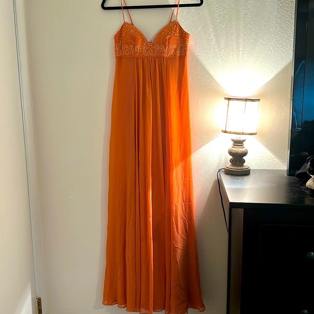 Elegant Peach Evening Gown with Beaded Bodice & Matching Shawl